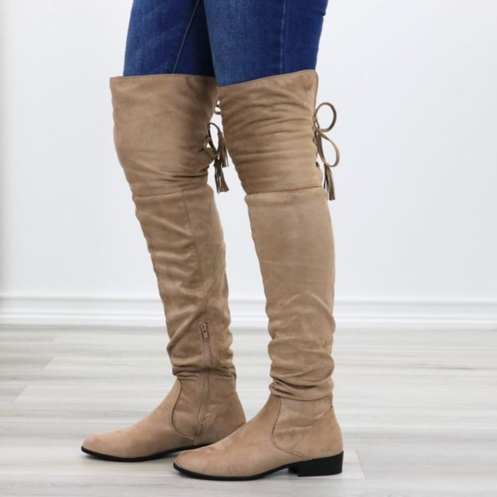 Tan Suede Thigh High Flat Boot With Lace Up Back - Picture 9 of 14
